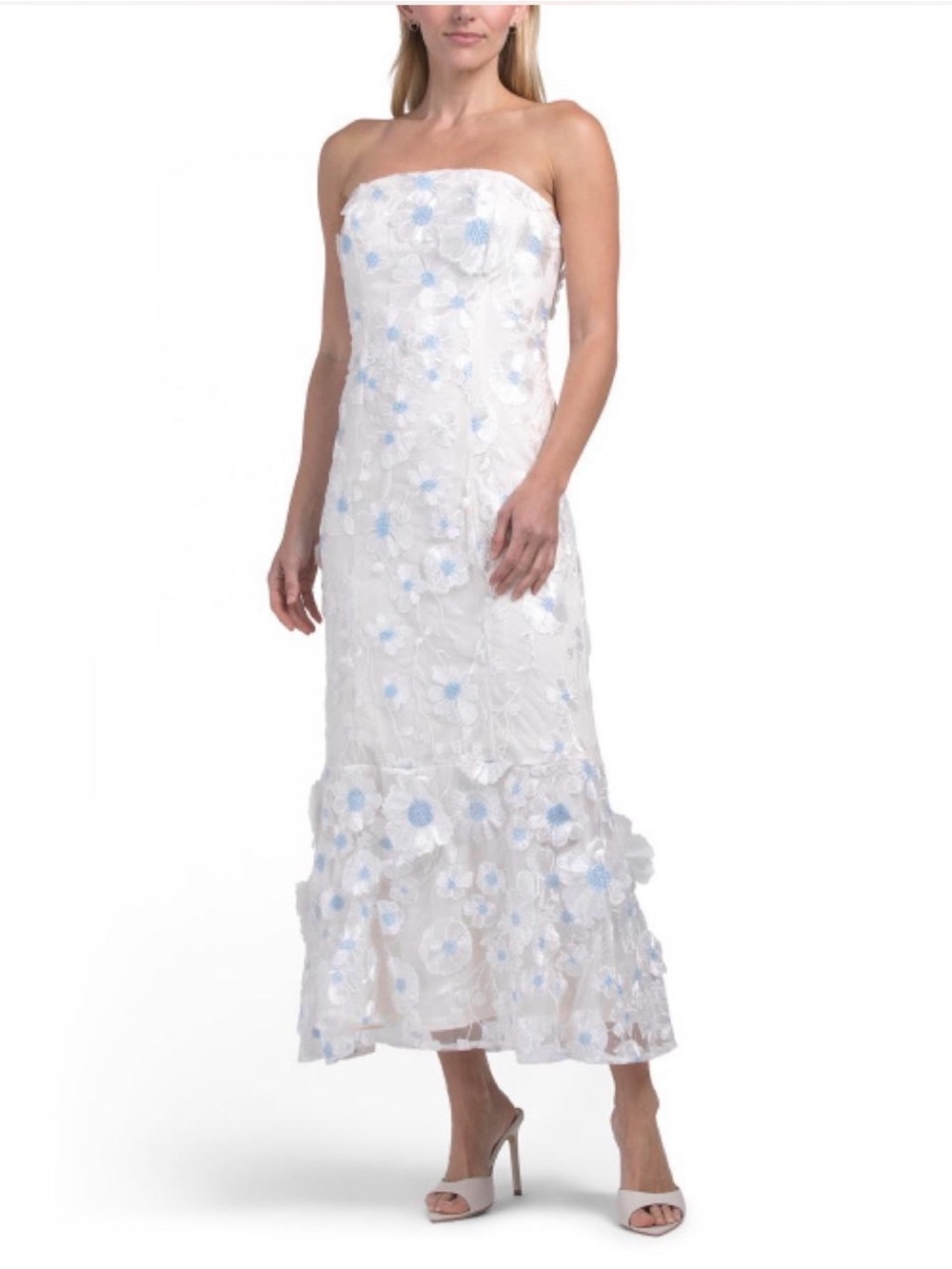 Strapless White Floral Appliqué Maxi Dress